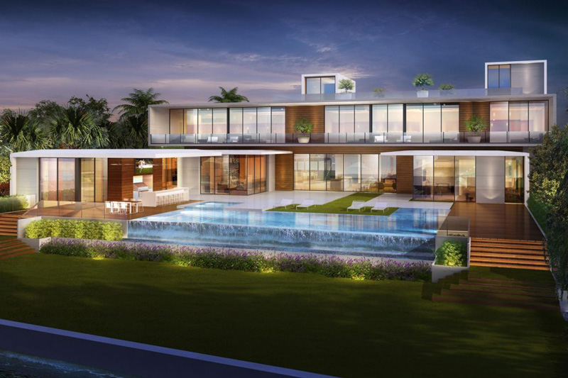 House render with infinity pool in backyard